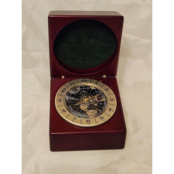 Vintage Quartz World Time Clock Airplane Hand Desk Wooden Box - Picture 5 of 6